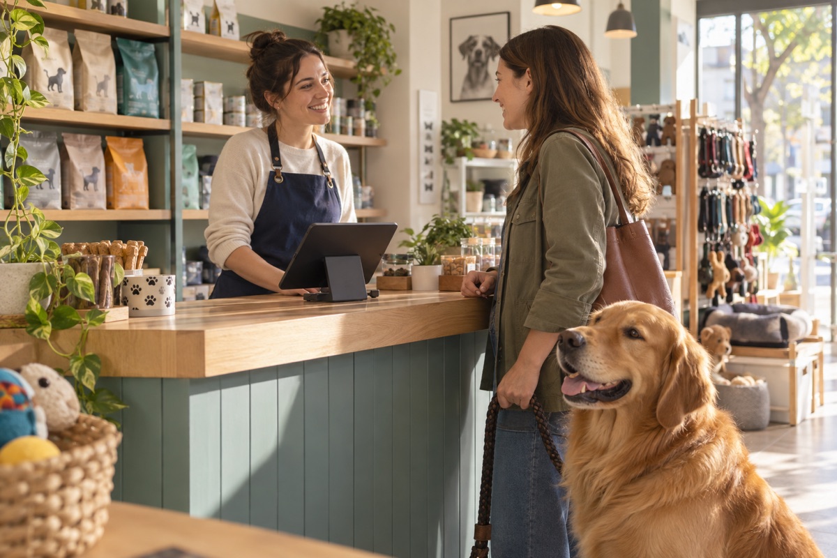 Mostrador de un pet shop con una clienta y su perro